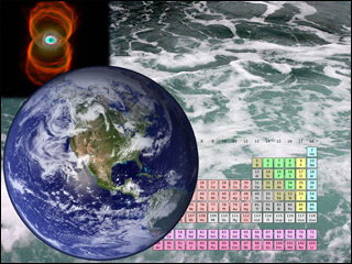 A planetary nebula, the earth, the ocean, and the periodic table of elements.