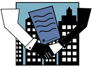 Two disembodied hands shaking in front of skyscrapers. Two disembodied hands shaking in front of skyscrapers.