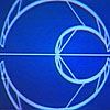 On a blue background, teal lines form a circle with a small circle taken from the side of the large circle. A horizontal line runs through it.